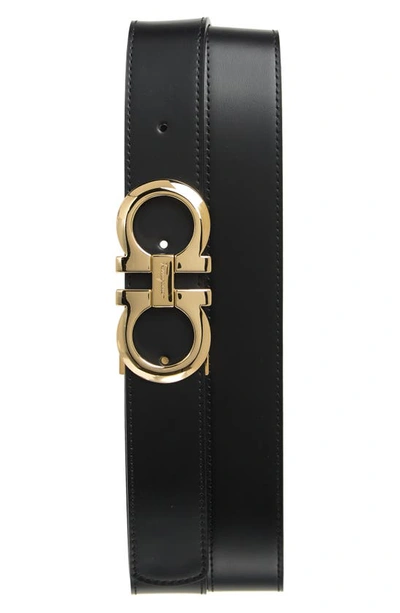 Ferragamo Reversible Double Gancio Leather Belt In Black/ Hickory