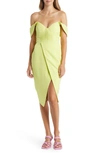 Lavish Alice Pleat Detail Bardot Dress In Lime Green In Lime