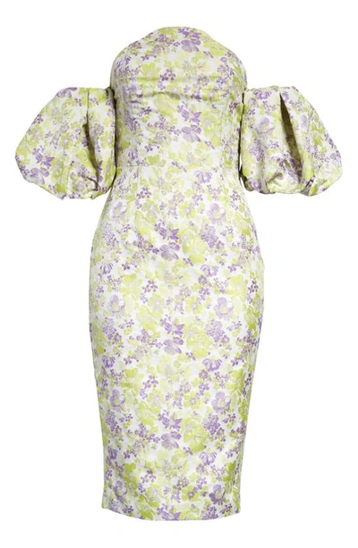 Lavish Alice Floral Jacquard Off The Shoulder Puff Sleeve Midi Dress In Lime Floral