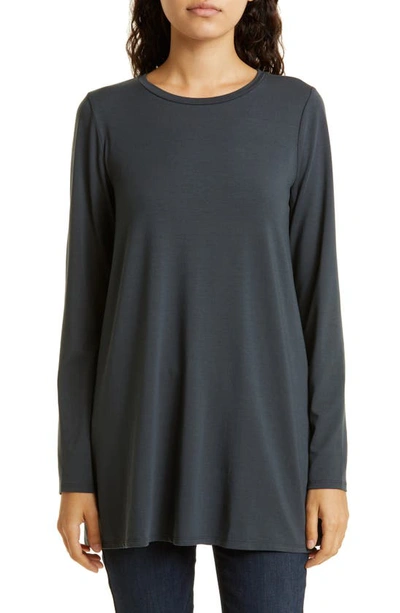 Eileen Fisher Long-sleeve Side-slit Jersey Tunic In Graphite