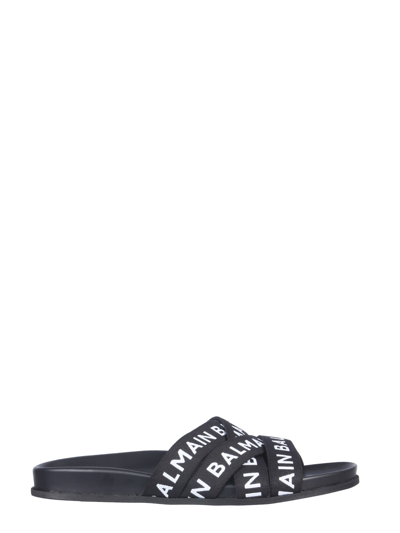Balmain Union Logo Strap Flat Sandals In Black