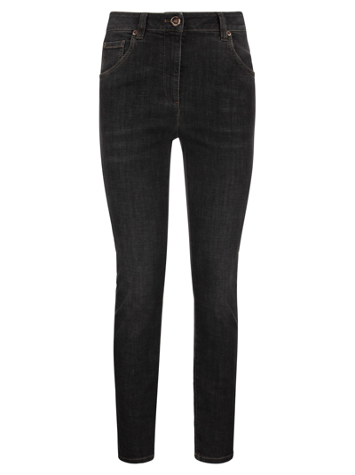 Brunello Cucinelli Slim Trousers In Stretch Denim With Shiny Leather Tab In Denim Grey