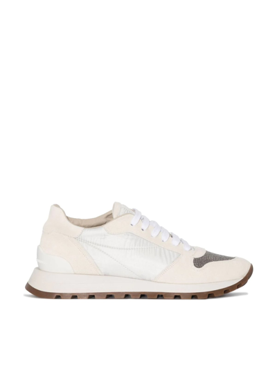 Brunello Cucinelli White Embellished Suede Sneakers