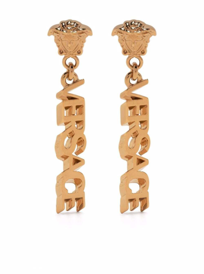 Versace Womans Gold Colored Metal Earrings With Medusa Logo In Metallic