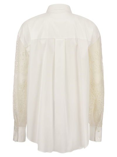Brunello Cucinelli Stretch Cotton Poplin Shirt With Crispy Silk Broderie Anglaise Sleeve In White