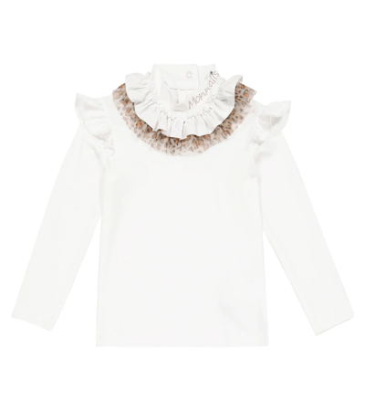 Monnalisa Kids' Ruffle-trimmed Cotton Jersey Top In Cream + Animal Print