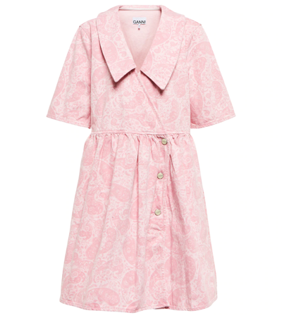 Ganni Paisley-print Organic Cotton Denim Dress In Pink