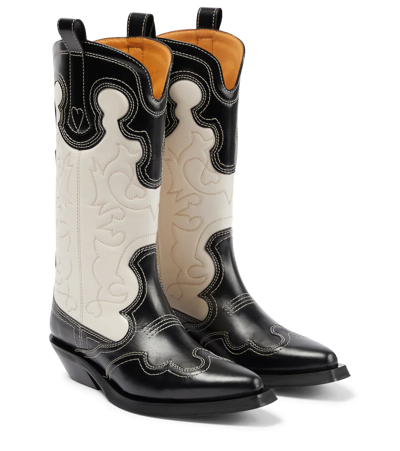 Ganni Leather Cowboy Boots In Black/egret