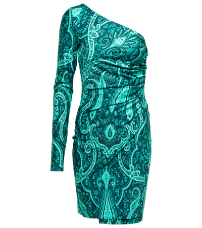 Etro Paisley-print Ruched One-shoulder Mini Dress In Green