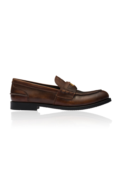 Miu Miu Logo Embossed Calf Leather Loafers In Brown