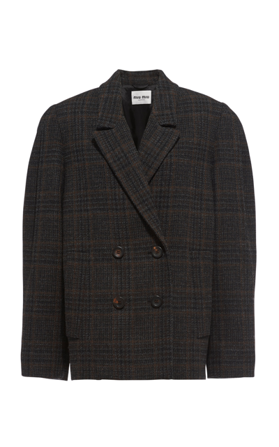 Miu Miu Oversized Plaid Double-breasted Blazer In Ebony