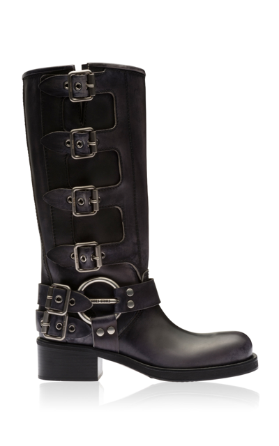 Miu Miu Calfskin Multi Buckle Tall Moto Boots In Black