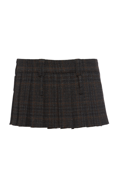 Miu Miu Pleated Tartan-print Wool Mini Skirt In Brown