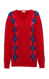 Miu Miu Oversized Argyle V-neck Wool Sweater In Red