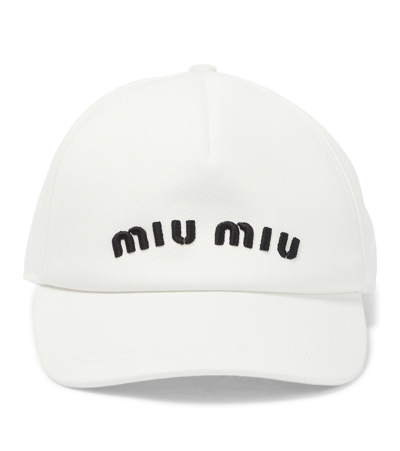 Miu Miu Logo Cotton Drill Baseball Cap In White/black