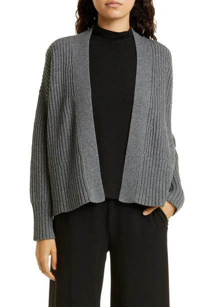 Eileen Fisher Ribbed Open Front Cardigan In Ash