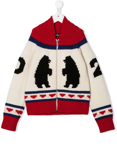 Dsquared2 Kids' Polar-bear Knitted Cardigan In Ivory
