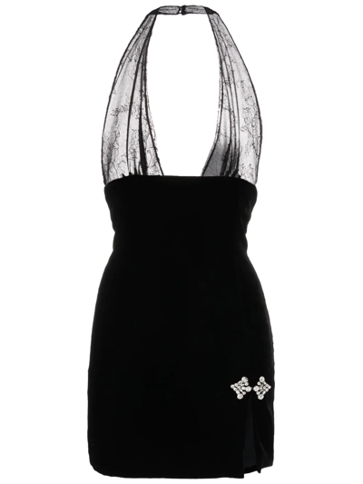Alessandra Rich Black Crystal Embellished Lace Halterneck Mini Dress