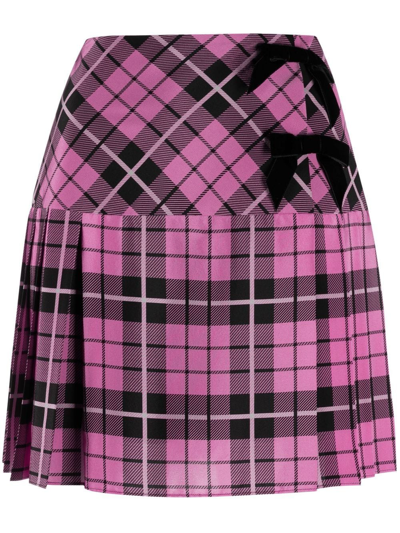 Alessandra Rich Pink Pleated Tartan Silk Mini Skirt In Fuchsia