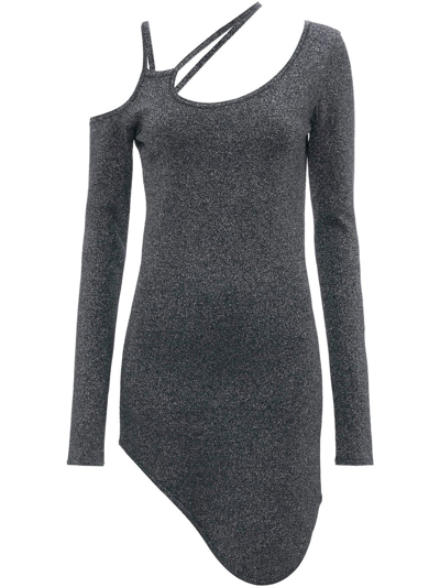 Jw Anderson Cutout Lurex Knit Asymmetric Mini Dress In Gunmetal