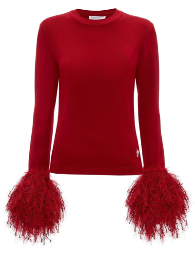 Jw Anderson Pom Pom Fringed Stretch-knit Sweater In Red