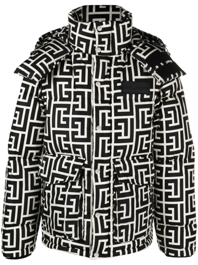 Balmain Black Monogram Print Padded Down Coat In Light Blue