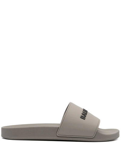 Balenciaga Logo-detail Pool Slides In Medium Grey Black