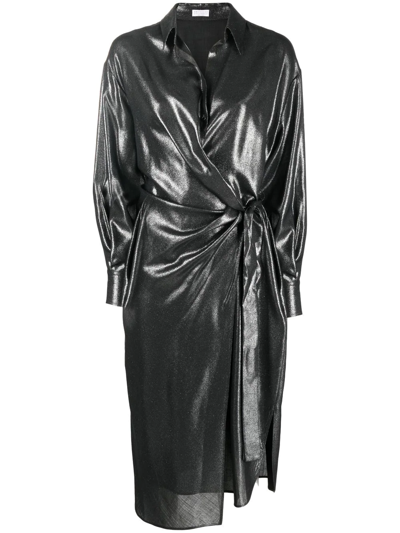 Brunello Cucinelli Shiny Wrap Dress In Grigio