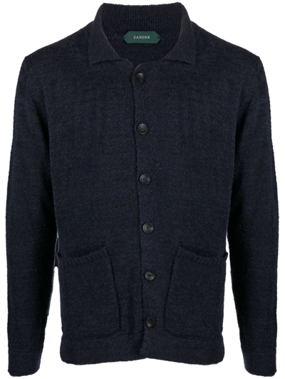 Balmain Fine Knit Collared Cardigan In Night Blue