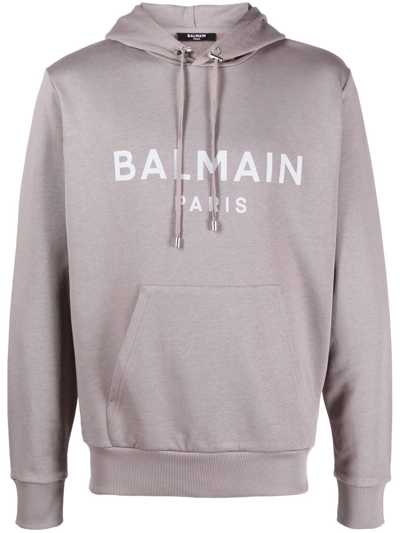 Balmain Logo-print Cotton-jersey Hoodie In Grey