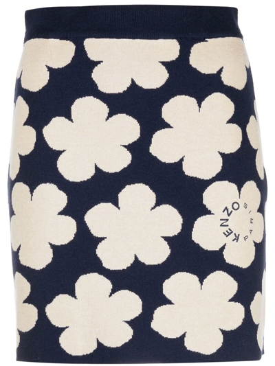 Kenzo Floral Wool-blend Miniskirt In Midnight Blue