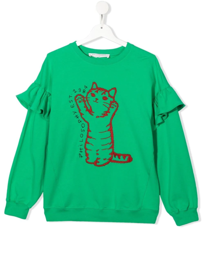 Philosophy Di Lorenzo Serafini Teen Embroidered-cat Ruffle Sweatshirt In Green