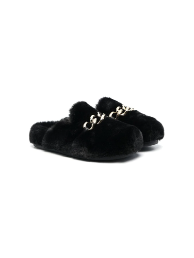 N°21 Kids' Chain Detail Furry Slippers In Black