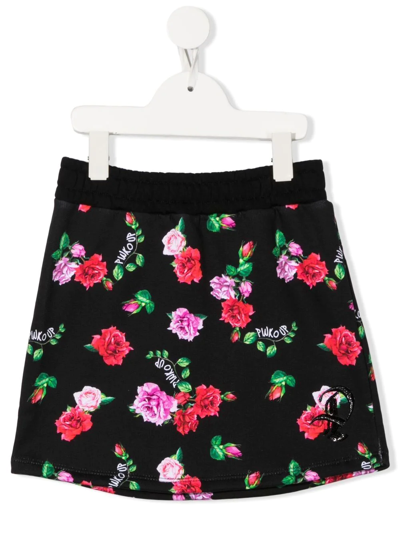 Pinko Kids' Floral-print Mini Skirt In Black