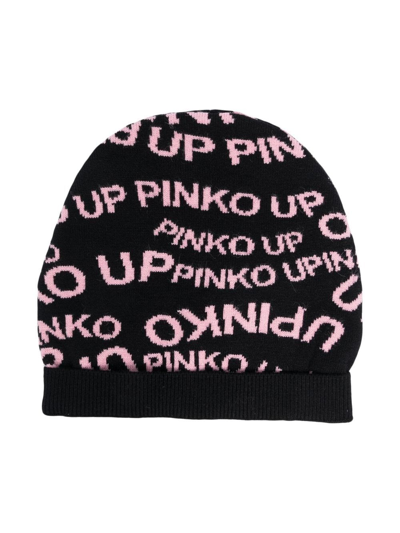 Pinko Kids' Jacquard-logo Beanie In Black