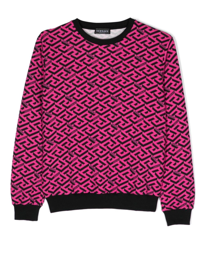 Versace Kids' Greca-print Cotton Sweatshirt In Fuchsia