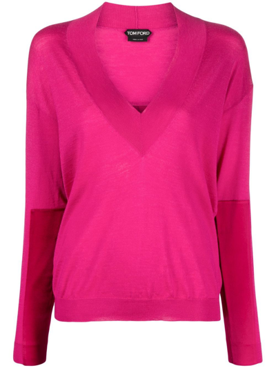 Tom Ford Panelled V-neck Knitted Jumper In Pink