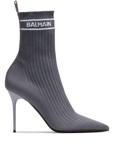 Balmain Skye Stretch Knit Ankle Boots In Gris Fonce