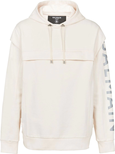 Balmain Cut-out Detail Logo-print Hoodie In White