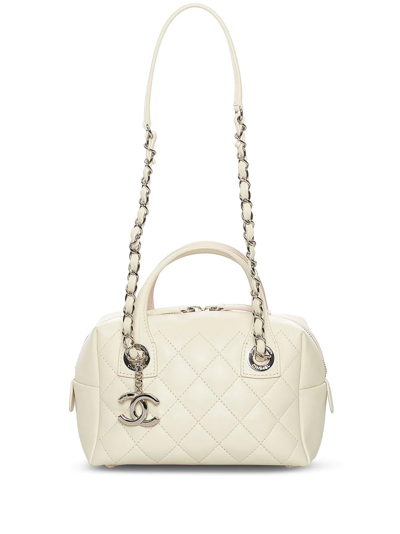 Pre-owned Chanel 2015-2016 Diamond-quilted Logo Charm Two-way Bag In White