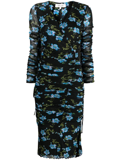 Diane Von Furstenberg Briella Bodycon Fit Ruched Wrap Dress August Small Floral Black In Floral Black In Multi