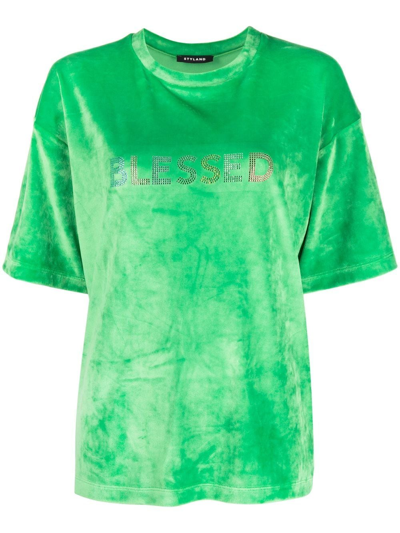 Styland Velvet-effect Embellished T-shirt In Green