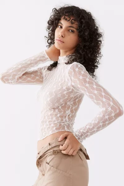 Urban Outfitters Uo Tyla Sheer Lace Turtleneck Top In White