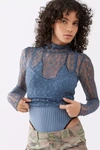 Urban Outfitters Uo Tyla Sheer Lace Turtleneck Top In Blue