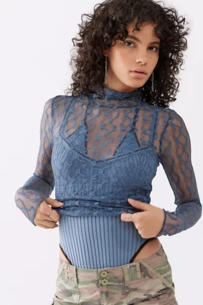 Urban Outfitters Uo Tyla Sheer Lace Turtleneck Top In Blue