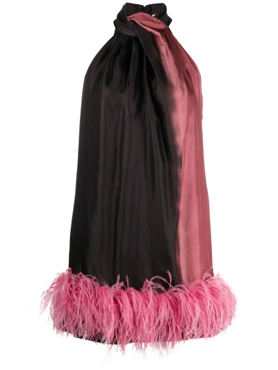 16arlington Cynthia Feather-trimmed Printed Satin-twill Halterneck Mini Dress In Pink/smoke