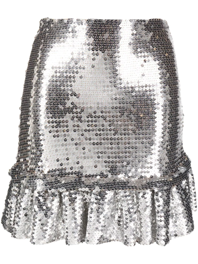 Paco Rabanne Woman Mini Skirt In Silver Sequined Fabric With Ruches