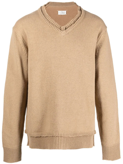 Maison Margiela Elbow-patch V-neck Jumper In Nude