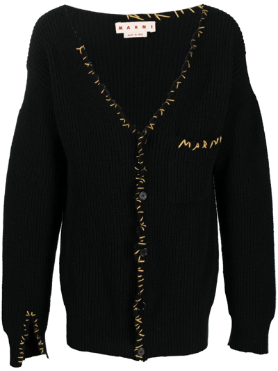 Marni Whipstitched-logo Wool Cardigan In Black