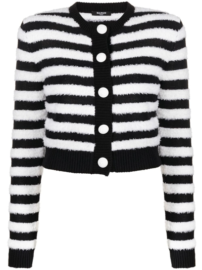 Balmain Horizontal-stripe Long-sleeve Cardigan In Black